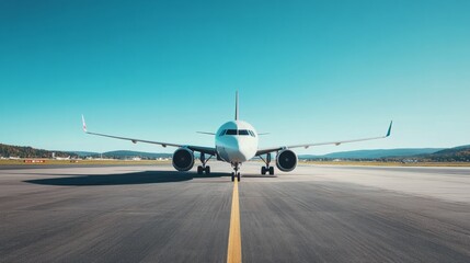 Obraz premium Front view of an airplane piloting on a landing strip generative ai