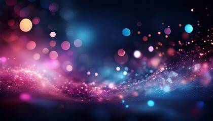 dark background with glowing pink and blue bokeh lights and particles
