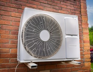 outdoor unit of an air conditioning system installed on a brick wall