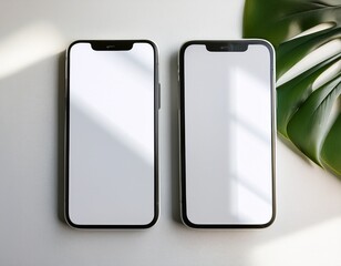 two modern smartphones with blank reflective screens positioned on a white surface with soft natural light and a green plant leaf in the background