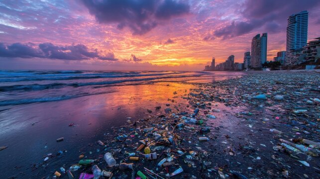 A beautiful sunset casts vibrant colors across the sky, while the shoreline is littered with plastic waste and debris. The sea reflects the orange and purple hues, highlighting environmental concerns.
