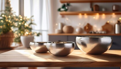 elegant silver bowls on a wooden table with natural light and cozy interior decorations