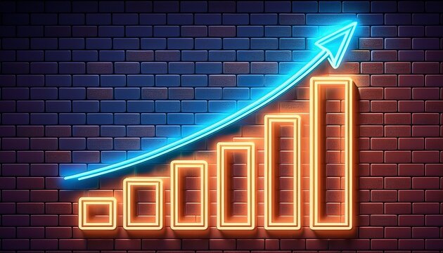 neon bar graph with upward arrow indicating growth and success on brick wall - Powered by Adobe