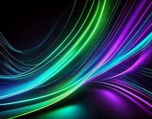 abstract neon light streaks in green blue and purple on a black background