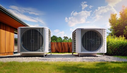 two modern air conditioning units outside a contemporary house on a sunny day
