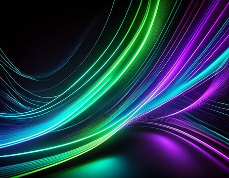 abstract neon light streaks in green blue and purple on a black background