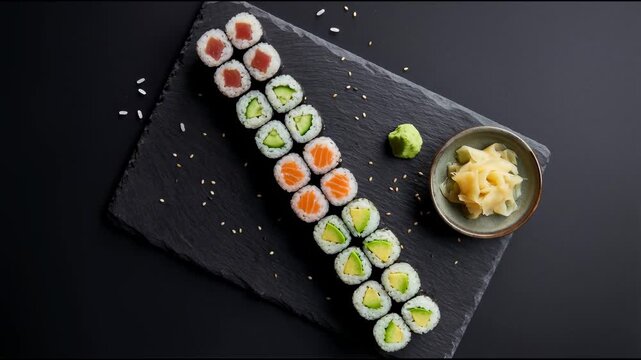 Rows of salmon, tuna, cucumber and avocado rolls are neatly arranged on a black stone board, with a small bowl of pickled ginger and a wasabi ball beside them, rice grains