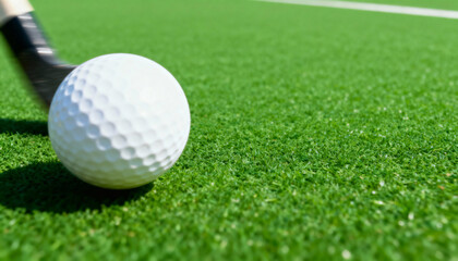 A field hockey stick in motion next to a white ball on a green turf field. Close-up action shot of a sports game with copy space