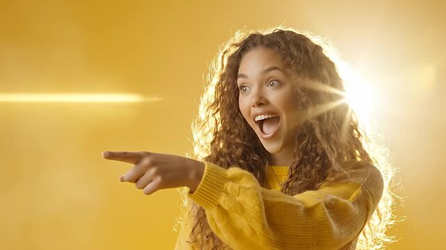 a woman in a yellow sweater, pointing confidently while surrounded by bright yellow light. The vibrant yellow background complements the woman's energetic gestur