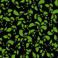A seamless vector pattern featuring green leaves on a black background in an abstract style. This vector illustration is perfect for your designs, inspired by harmony and natural beauty.
