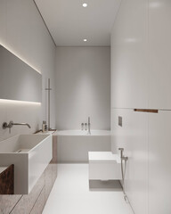 Bright modern bathroom featuring white surfaces, subtle marble accents, integrated lighting, and minimalist fixtures.