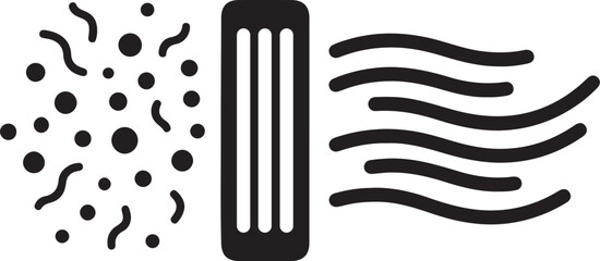 Air purification system icon illustrating dirty air passing through a filter, resulting in clean, fresh airflow, symbolizing improved indoor quality