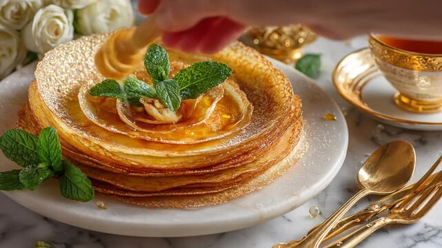 Elegant stack of thin crepes with powdered sugar and fresh mint, served with a fancy teacup for a gourmet dessert or breakfast.
