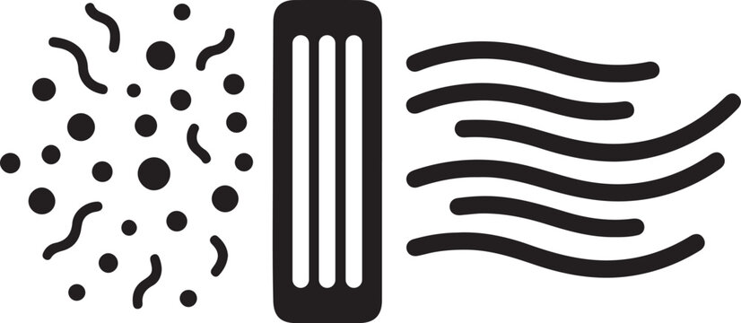 Air purification system icon illustrating dirty air passing through a filter, resulting in clean, fresh airflow, symbolizing improved indoor quality