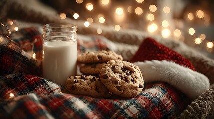 Warm holiday scene featuring freshly baked chocolate chip cookies on a cozy blanket with a glass of milk and festive lights creating a joyful atmosphere of celebration