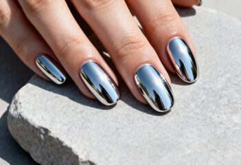 Close-up of a hand with a trendy chrome nail manicure. Reflective silver metallic nail polish with a mirror effect. Modern beauty and nail art concept