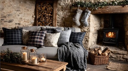 Cozy living room featuring a comfortable sofa adorned with decorative pillows, a rustic fireplace, and warm lighting, creating a welcoming atmosphere for relaxation and gatherings