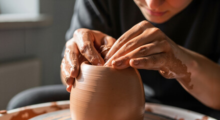 Young woman shaping clay pot on pottery wheel in studio  