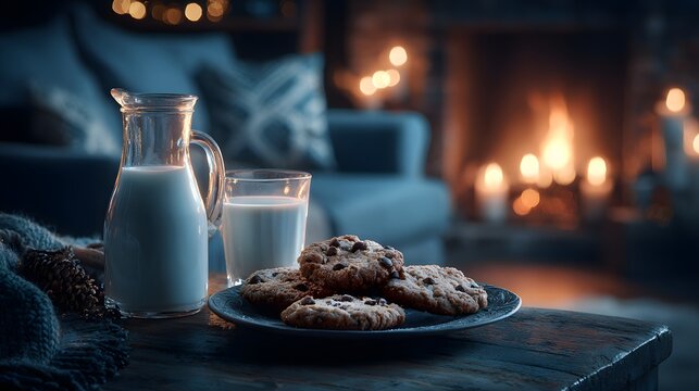 Cozy scene featuring a glass of milk and a pitcher beside a plate of chocolate chip cookies on a wooden table, with a warm fireplace glowing in the background