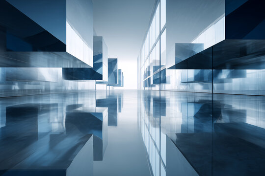 surreal scene with floating mirrored geometric shapes creating abstract reflections inside a modern empty office corridor