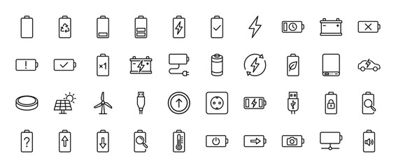Energy and power line icon set. Vector pictograms of batteries, charging, solar, wind power, and electric vehicles, thin linear illustration.