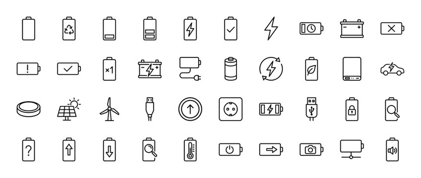 Energy and power line icon set. Vector pictograms of batteries, charging, solar, wind power, and electric vehicles, thin linear illustration.