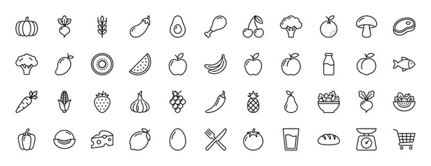 Grocery and nutrition line icon set. Vector pictograms of fruits, vegetables, meat, and dairy products, thin linear illustration.