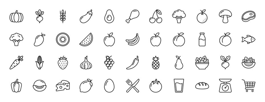Grocery and nutrition line icon set. Vector pictograms of fruits, vegetables, meat, and dairy products, thin linear illustration.