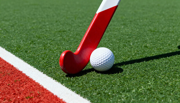 A close-up of a field hockey stick and ball on a green artificial turf field. Red sports equipment for a game or practice. Athletic competition concept - Powered by Adobe