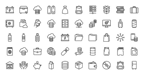 Fototapeta premium Data, storage, and logistics line icon set. Vector pictograms of server, cloud, battery, wallet, and storage media, thin linear illustration.