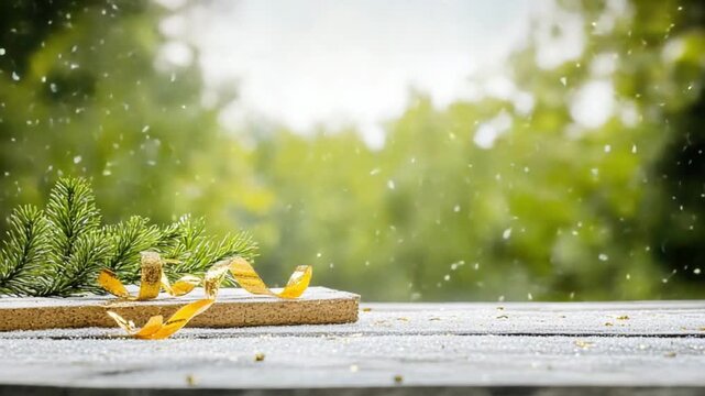 A Serene Culinary Scene: A wooden plank adorned with delicate citrus zest and fresh foliage sits atop a rustic wooden table, framed by the soft, diffused light of a gentle snowfall.