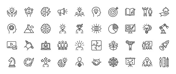 Creativity and innovation line icon set. Vector pictograms of idea, brainstorming, brain, lightbulb, strategy, design, rocket, puzzle, target. Thin linear illustration.