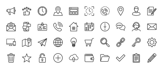 Fototapeta premium Business and communication line icon set. Vector pictograms of map pointer, clock, envelope, phone, and gear, thin linear illustration.