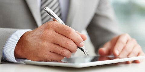 Business professional in gray suit using digital tablet to take notes, showcasing modern technology and productivity in a contemporary workspace environment with focus on innovation