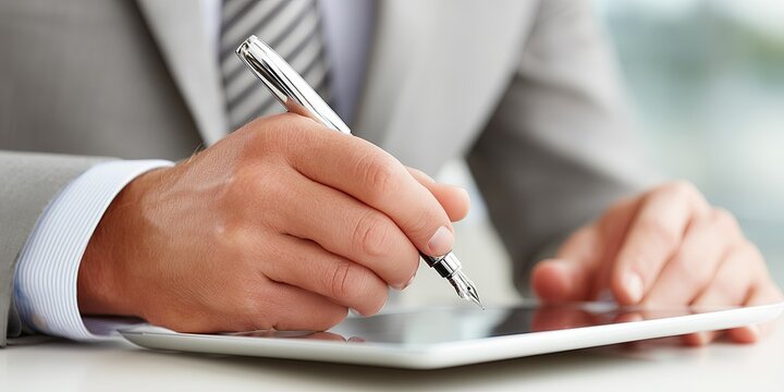Business professional in gray suit using digital tablet to take notes, showcasing modern technology and productivity in a contemporary workspace environment with focus on innovation - Powered by Adobe