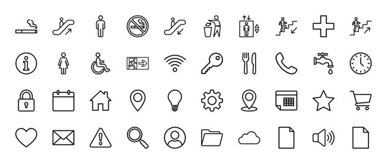 Universal navigation line icon set. Vector pictograms of elevator, calendar, wifi, phone, and location, thin linear illustration.