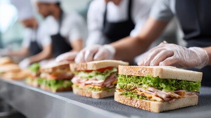 Naklejka premium Culinary professionals in a kitchen preparing fresh sandwiches with layers of lettuce, tomatoes, and meats, showcasing teamwork and attention to detail in food preparation