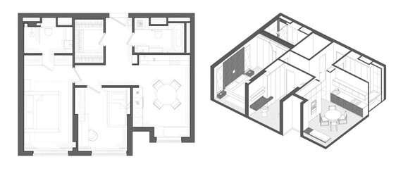 Detailed architectural apartment layout shown in both 2D and 3D views, illustrating room zoning and interior planning.