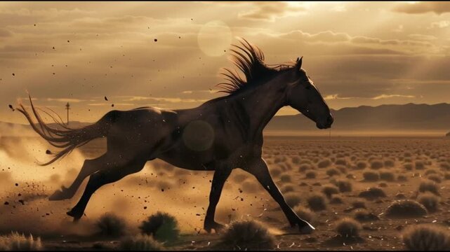 A Powerful and Untamed Mustang Horse Vigorously Sprinting Through a Swirling Dust Storm Under a Dramatic Golden Sky