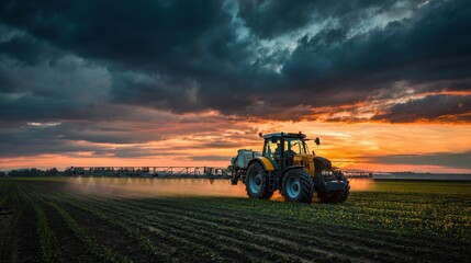 Fototapeta premium A tractor is seen spraying crops in a vast rural field as the sun sets, casting vibrant colors across the sky and creating an atmospheric landscape.