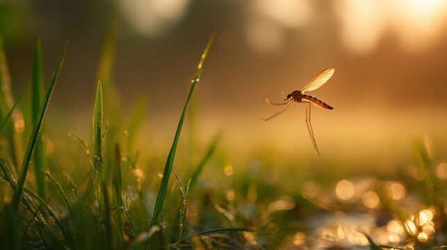 A mosquito flits gracefully above blades of grass, glistening with dew, as the sun sets, casting a warm glow over the tranquil surroundings and nearby water.