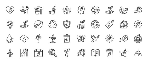Fototapeta premium Ecology and environment line icon set. Vector pictograms of nature, recycling, solar energy, water drop, and plant care, thin linear illustration.