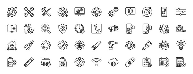 Engineering and maintenance line icon set. Vector pictograms of gear, tool, repair, setting, and service, thin linear illustration.