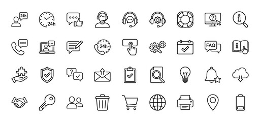 Fototapeta premium Customer service and support line icon set. Vector pictograms of headset, 24h clock, question mark, and magnifying glass, thin linear illustration.