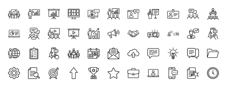 Business and presentation line icon set. Vector pictograms of teamwork, meeting, chart, calendar, and communication, thin linear illustration.