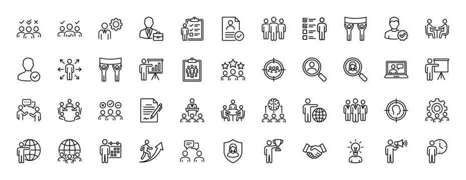 Business and human resources line icon set. Vector pictograms of teamwork, recruiting, meeting, and career growth, thin linear illustration.