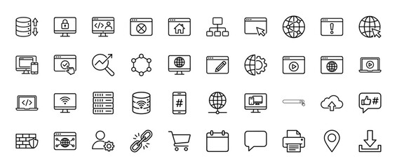 Web development and internet technology line icon set. Vector pictograms of server, browser, network, and security, thin linear illustration.
