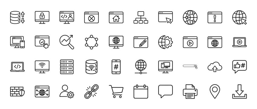 Web development and internet technology line icon set. Vector pictograms of server, browser, network, and security, thin linear illustration.