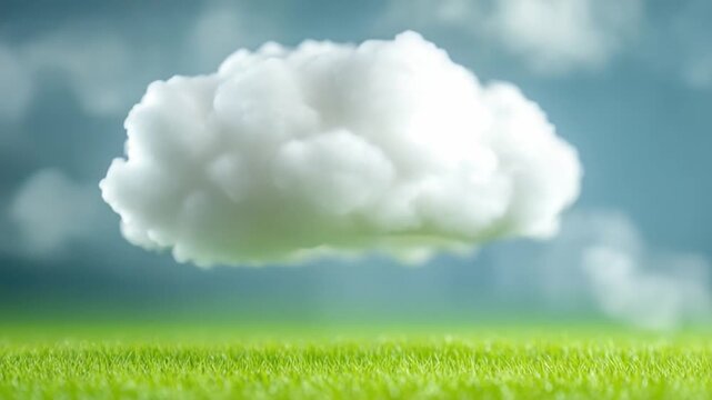 Cloud's serene float: A solitary cloud drifts effortlessly above a vibrant green grassy field, painting a serene scene of tranquility and peace.