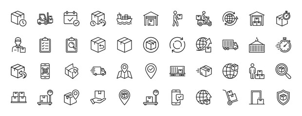 Logistics and delivery line icon set. Vector pictograms of shipping, warehouse, tracking, and transport vehicles, thin linear illustration.